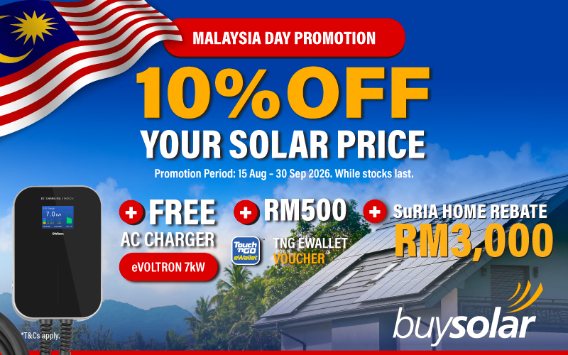 Celebrate Merdeka: 10% off your solar price, a FREE eVoltron 7kW AC charger and an RM500 TnG voucher!