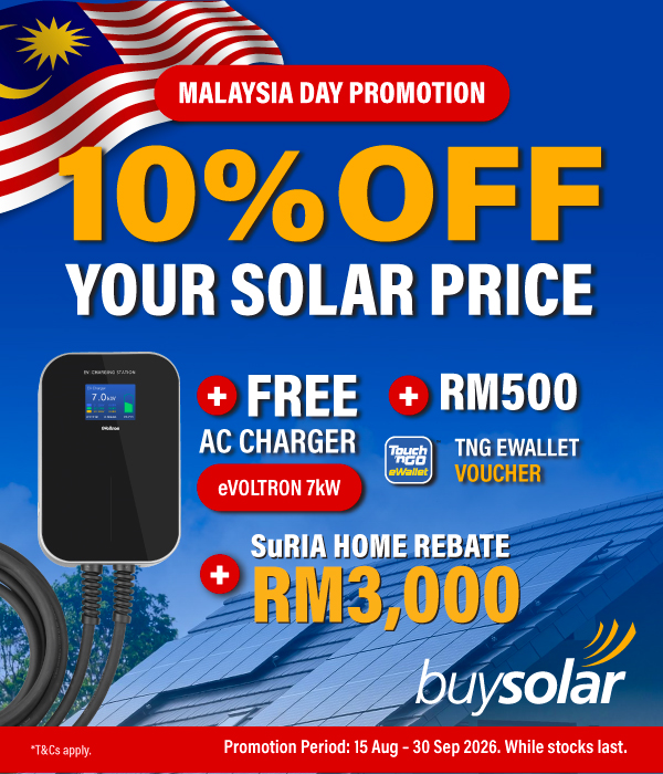 Malaysia Day Promotion — 10% off your solar price, plus a free eVoltron 7kW AC charger and an RM500 TnG eWallet voucher